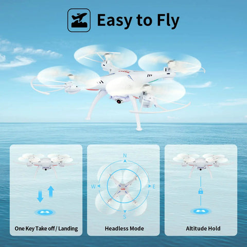 X5SW-V3 FPV Drone With 720P HD Camera For Adults And Beginners in flight, showing features like one key takeoff and altitude hold.