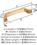 Diagram of Bellamy Champagne Bronze Cabinet Pull 3-3/4 Inch Center To Center Mounting with measurements and dimensions labeled.
