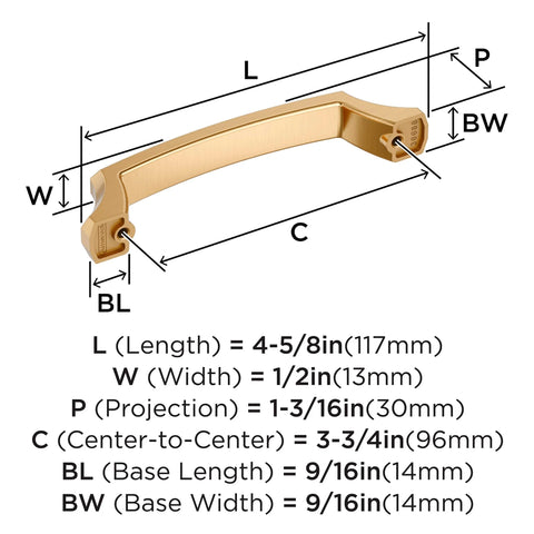 Diagram of Bellamy Champagne Bronze Cabinet Pull 3-3/4 Inch Center To Center Mounting with measurements and dimensions labeled.