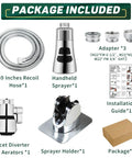 Package contents of 4 Mode Kitchen Faucet Sprayer Hose Attachment With Pause Water Stop, 4.9 Foot Stainless Steel Hose