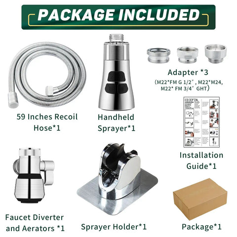 Package contents of 4 Mode Kitchen Faucet Sprayer Hose Attachment With Pause Water Stop, 4.9 Foot Stainless Steel Hose