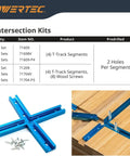 Powertec intersection kits with blue T-track segments and screws on a wooden surface for woodworking jigs and fixtures.