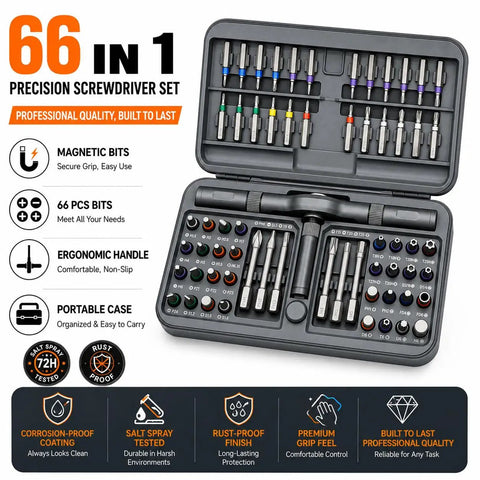 Hella Versatile 66 Piece Magnetic Ratcheting Screwdriver Kit With Detachable Handle And Precision Bits For Smartphone Laptop Repair Includes Secure Magnetic Mat in portable case.