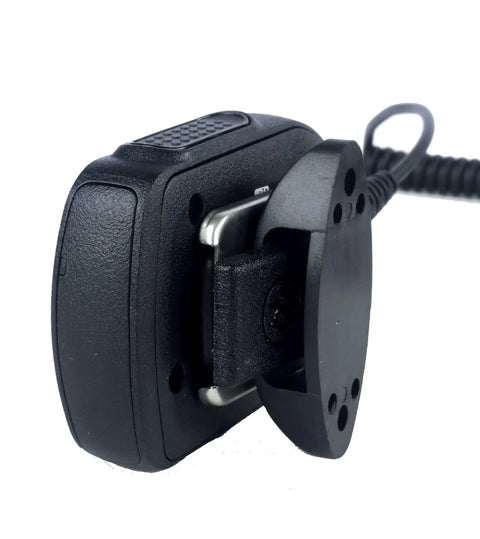 Adjustable Cup Holder Mount For Handheld Radios And Scanners With Mic Holder, side view of black finish with belt clip fitment