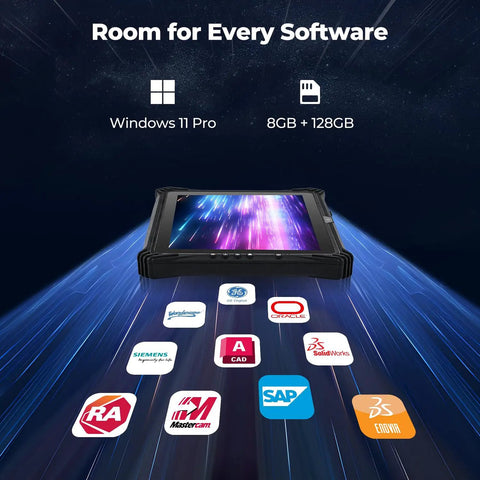 Badass 12.2 Inch Rugged Windows Tablet Featuring Hot Swap Dual Batteries And Easy Ssd Upgrades IP65 Waterproof Portable Pc with software logos.