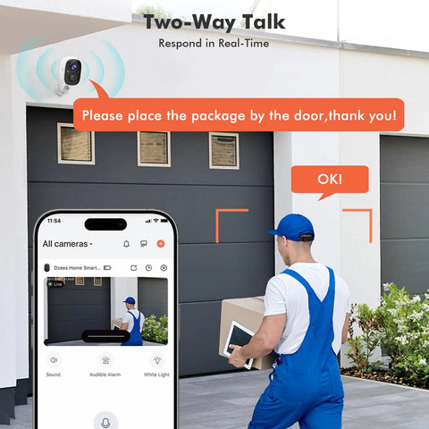 Outdoor Wireless Security Camera System With Spotlight And Siren capturing delivery with 2-Way Talk feature in action