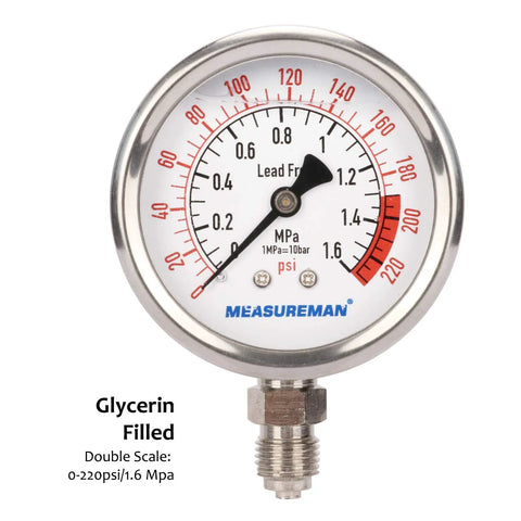 Front view of MEASUREMAN glycerin-filled RO pressure gauge, 2.5-inch dial, 0–220 psi / 0–1.6 MPa, 1/4-in lower mount