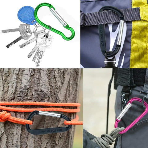 20 Pack Carabiner Clips With Keychains And D Ring Hooks Multi Size Set used for keys, backpacks, tree ropes, and outdoor gear