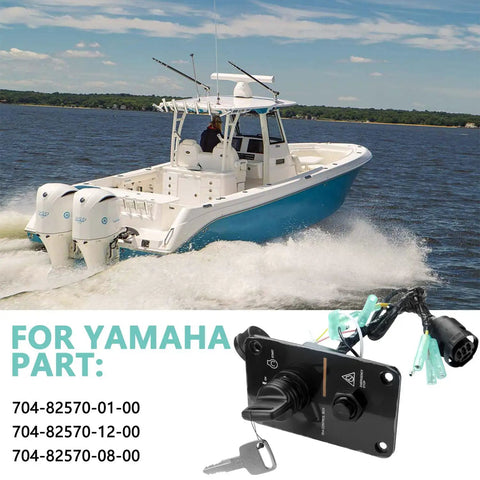 Boat on water with 12V Marine Outboard Ignition Key Switch Panel for Yamaha Outboard Engines, 704-82570-01-00 shown
