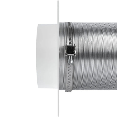 4 Inch Plastic Duct Connector Flange for HVAC Ventilation System attached to a vent pipe, ABS plastic material, easy install.