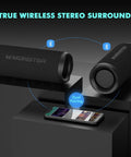 Dual 60W Outdoor Bluetooth Speaker With IPX8 Waterproof, True Wireless Stereo pairing next to smartphone, on modern stand.