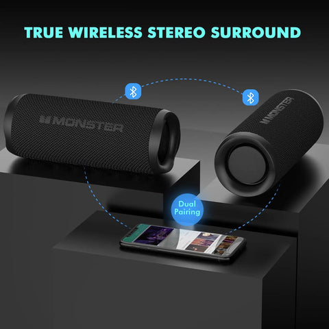 Dual 60W Outdoor Bluetooth Speaker With IPX8 Waterproof, True Wireless Stereo pairing next to smartphone, on modern stand.