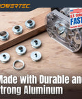Router and bushings with text 'Made with Durable and Strong Aluminum' showing Six Point Five Inch Router Base Plate With Ten Piece Template Guide Bushing Set And Centering Pin.