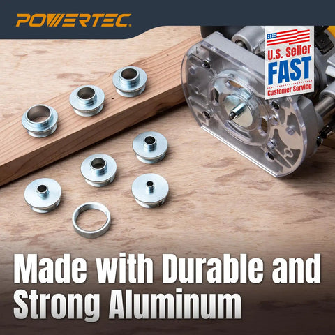 Solid Router Template Bushing Guide Set With Nine Sizes Fits All Porter Cable Sub Bases A Total Game Changer For Dedicated Woodworkers Craving Flawless Cuts Daily, featuring aluminum bushings and router.