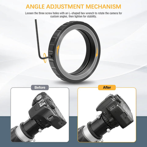 M42 To 2 Inch Telescope Adapter T2 Mount Adapter for Nikon SLR DSLRs facing Nikon F Mount, angle adjustment mechanism visible