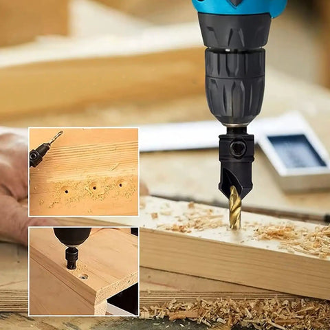 Five Piece Countersink Drill Bit Set With One Quarter Inch Hex Shank Woodworking Kit And L Wrench For Finishing Holes In Woodwork Sizes Five Six Eight Ten And Twelve being used on wood.