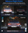 Advanced night vision comparison on No Fuss Triple Channel Dash Cam System with images showing bright and dark environments.