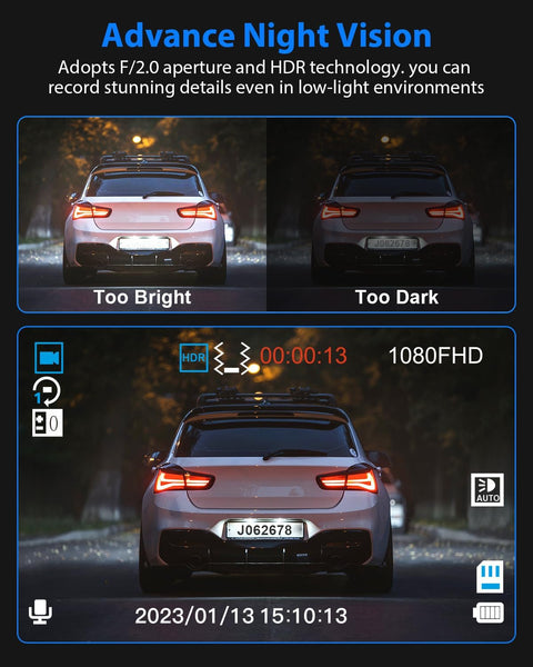 Advanced night vision comparison on No Fuss Triple Channel Dash Cam System with images showing bright and dark environments.