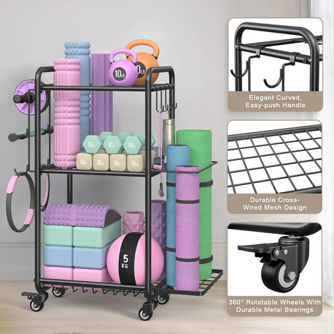 Multipurpose Home Gym Storage Rack With Mobile Casters And Hanging Hooks Keeps Your Fitness Collection Lowkey Organized So You Can Hit The Gym Without The Stress Slick Black Build Holds Dumbbells Resistance Bands And Yoga Mats