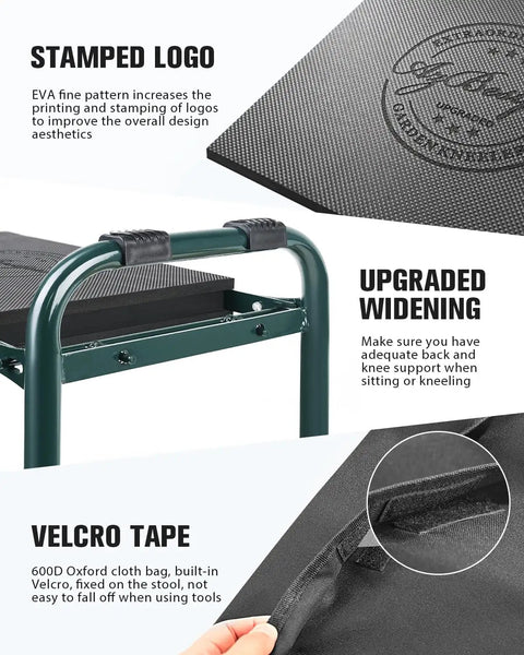Heavy Duty Garden Kneeler And Seat For Pain Relief, Upgraded Foldable Gardening Stool with stamped logo and Velcro tape