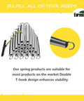 Eurmax 7-inch stainless steel trampoline springs with T-hooks, 20-pack; front view shows a stack of springs and a close-up.