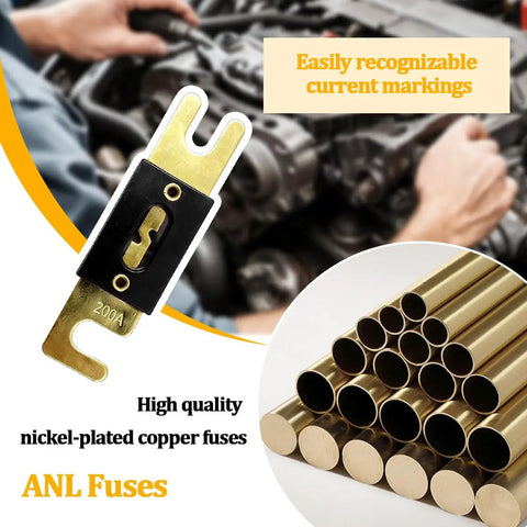 Top Shelf 3 Pack Of 200 Amp ANL Blade Fuses Featuring Rock Solid Pure Copper Terminals Tough As Nails Automotive Power Wiring Zero Hassle High Current Circuit Protection Pro Grade Reliability with easily recognizable 200A markings.