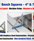 4 Inch And 7 Inch Stainless Steel Bench Square Set With Tri Square, Aluminum Base In Blue Anodized Finish in workshop setup