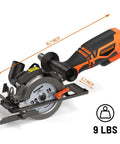 Angled side view of DOVAMAN 4-1/2-inch circular saw with laser, orange/black housing, metal auxiliary handle, 9 lbs