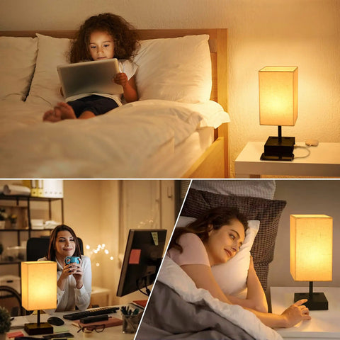 Three Color Touch Table Lamp with Dimmable Brightness and USB, black base, beige shade, bedside nightstand light, mood setting.