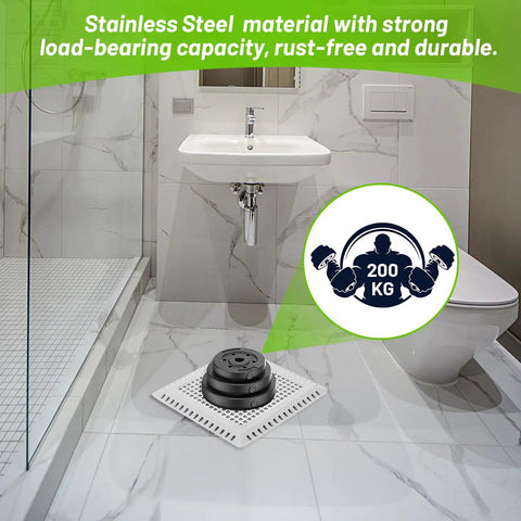 Stainless Steel Shower Drain Cover With Ultra Soft Silicone Grip Nabs Every Stray Hair And Kills Drain Clogs Dead Keeping Your Bathroom Totally Hassle Free Super Non Slip Secure Fit For Rapid Water Flow Daily in a modern bathroom setting.