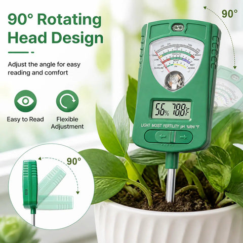 All In One 7 In 1 Soil Test Kit With Rotatable Head For Moisture Ph Fertility Light Intensity Soil Temperature And Air Humidity Digital Display Ideal For Garden Lawn Farm And Indoor Outdoor Plants, 90° angled