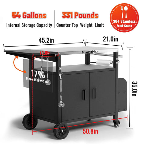 Outdoor Grill Cart With Cabinet And Locking Wheels, Extra Wide Stainless Steel Prep Table, Large Spice Rack