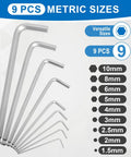 9 Piece Ball End Hex Key Set in Chrome Vanadium Metric 1.5 To 10mm Hex Wrenches shown with size specifications