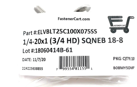 Pro Shop Tested 18 8 Stainless Steel Elevator Bolt Square Neck 1/4 20 X 1 Inch 3/4 Inch Diameter Hex Head Fastener Pack Of Ten packaging and product details.