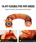 VEVOR Air Mover Blower Fan 12 Inch with 16.4ft flexible orange duct, showing durable PVC material and connection features.