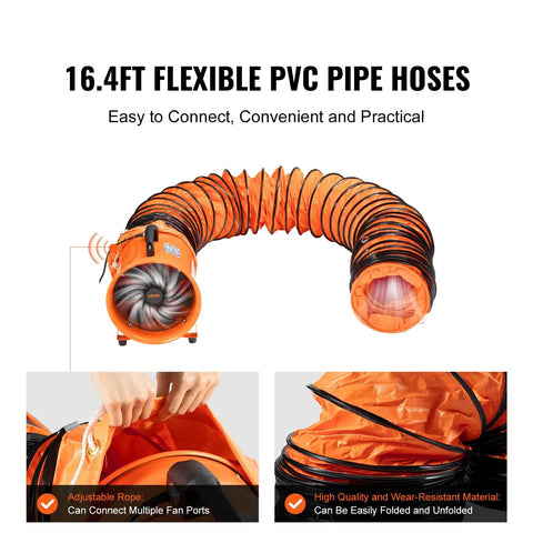 VEVOR Air Mover Blower Fan 12 Inch with 16.4ft flexible orange duct, showing durable PVC material and connection features.
