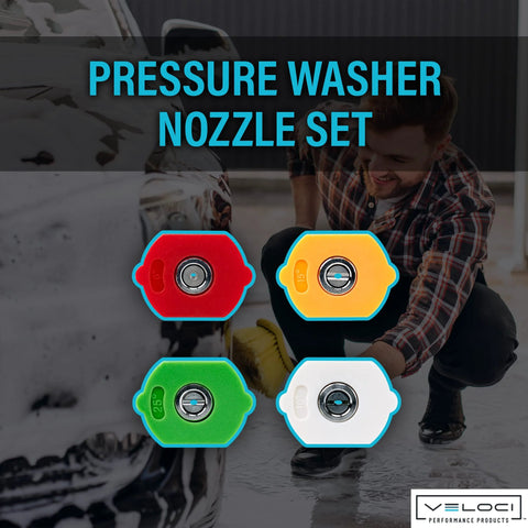 MTM Hydro pressure washer nozzle tips, 4-pack, color-coded red 0°, orange 15°, green 25°, white 40°
