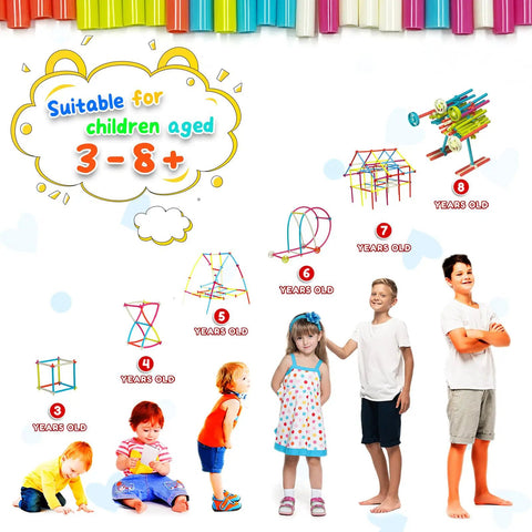 Image showing children aged 3-8 with building examples from the Straw Constructor STEM Building Toy Kit With 600 Pcs Interlocking Gear Blocks.