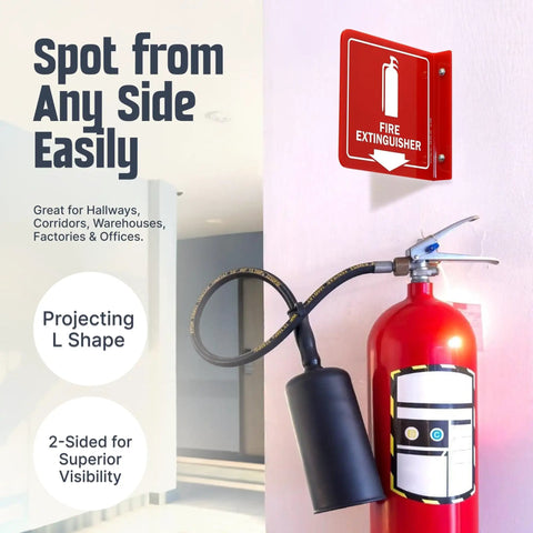 Fire Extinguisher Projecting Sign With Down Arrow 6 Inch Polished Acrylic visible in hallway with wall-mounted design