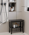 Waterproof Bamboo Shower Bench And Stool With Storage Shelf For Inside Shower Black Your Bathroom Sidekick Sturdy Anti Slip Seat Supports Up To 300 Lbs And Cleans Easy For Wet Zones placed in bathroom corner