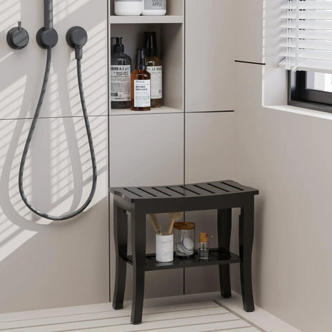 Waterproof Bamboo Shower Bench And Stool With Storage Shelf For Inside Shower Black Your Bathroom Sidekick Sturdy Anti Slip Seat Supports Up To 300 Lbs And Cleans Easy For Wet Zones placed in bathroom corner