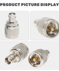BNC Female To UHF Male PL259 RF Coaxial Adapter 2 Pack For CB Ham Radios silver connectors front and side view