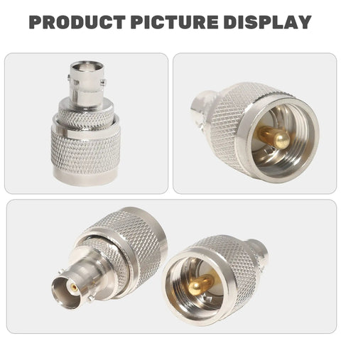 BNC Female To UHF Male PL259 RF Coaxial Adapter 2 Pack For CB Ham Radios silver connectors front and side view