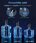 Redsack Rechargeable Water Dispenser Pump for 5 Gallon Bottle shown compatible with various PET water bottles, highlighting fit.