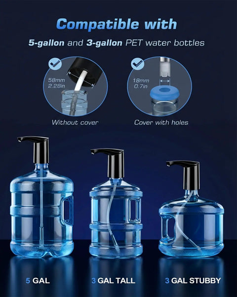 Redsack Rechargeable Water Dispenser Pump for 5 Gallon Bottle shown compatible with various PET water bottles, highlighting fit.