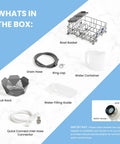 Slick Countertop Dishwasher With Built In Six Liter Water Tank, Portable Mini Cleaning Station Featuring Seven Custom Wash Cycles Uv Sanitization, Auto Open Dry Door And No Sweat Setup For Dorms, Rvs Or Tiny Kitchens, White accessory box contents including bowl basket, drain hose, water container.