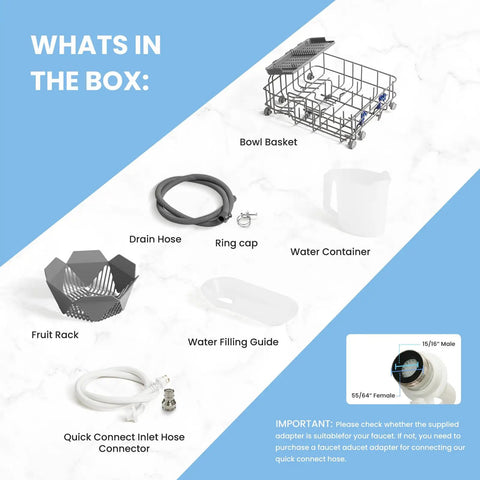 Slick Countertop Dishwasher With Built In Six Liter Water Tank, Portable Mini Cleaning Station Featuring Seven Custom Wash Cycles Uv Sanitization, Auto Open Dry Door And No Sweat Setup For Dorms, Rvs Or Tiny Kitchens, White accessory box contents including bowl basket, drain hose, water container.