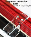 Close-up of transparent protective block on Professional Table Saw Crosscut Sled With Adjustable Aluminum Fence And Rock Solid Miter Track.