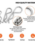 Close-up of 24 Piece Cotter Pin Assortment Kit With R Clips Heavy Duty Zinc Plated Spring Fasteners For Hitch Pin Lock System Great For Auto Repairs And Mechanical Projects. Shows smooth surface and material icons.