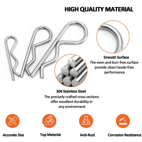 Close-up of 24 Piece Cotter Pin Assortment Kit With R Clips Heavy Duty Zinc Plated Spring Fasteners For Hitch Pin Lock System Great For Auto Repairs And Mechanical Projects. Shows smooth surface and material icons.